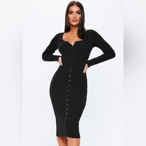 Missguided Black Long Sleeved Gold Button Front Scoop Neck Midi Dress Size 4